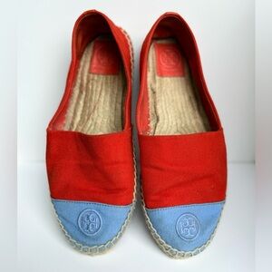 Tory Burch Colorblock Canvas Espadrilles Red Blue Flats Size 9 Logo Cap Toe‎